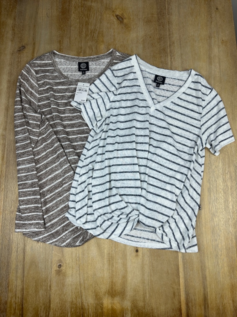 Bobeau Neutral Striped Knot Front Slub Tees - 1 short, 1 long sleeve